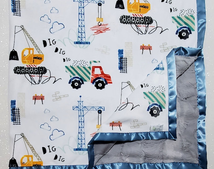 Baby Minky | construction blanket | cranes Blanket | dumptruck blanket | dig nursery | Baby boy blanket | Aqua Minky | blue and grey | navy