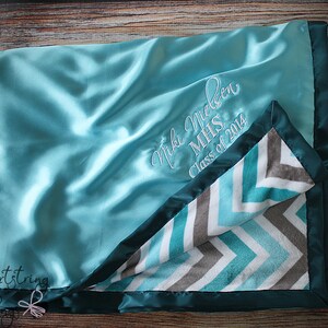 Minky blanket, embroidered blanket, personalized blanket, graduation gift, navy blue, chevron blanket, satin and minky, personalized blanket image 2