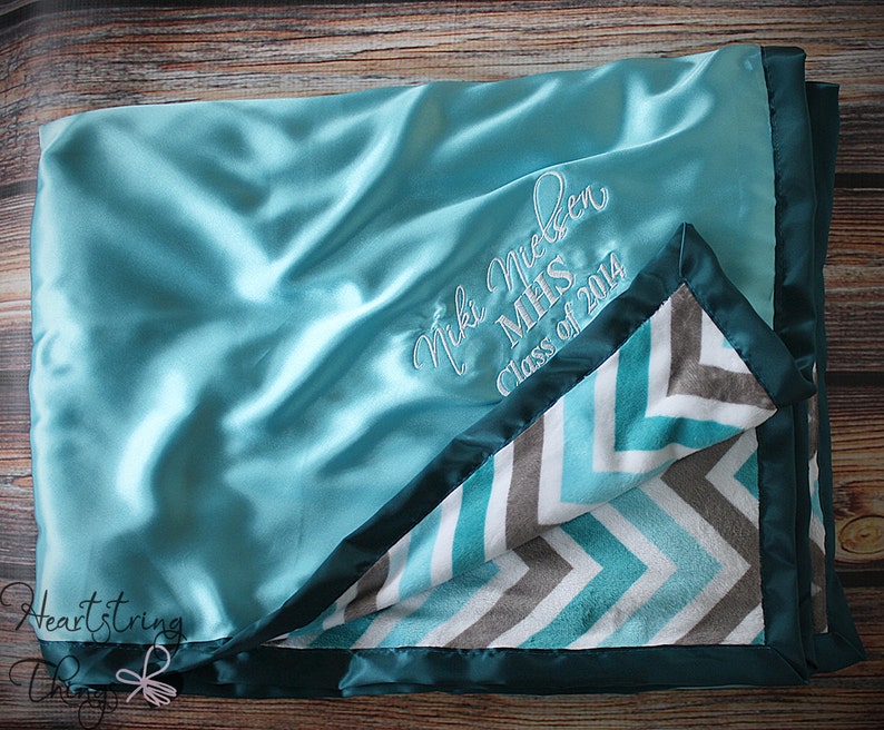 Minky blanket, embroidered blanket, personalized blanket, graduation gift, navy blue, chevron blanket, satin and minky, personalized blanket image 2