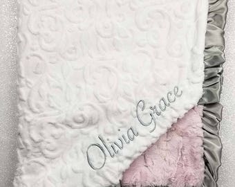 Embroidered Minky Blanket, Blanket with name, Personalized Blanket, Baby Gift, Pink and Silver, Vintage Pink, grey and pink, luxe rosewater