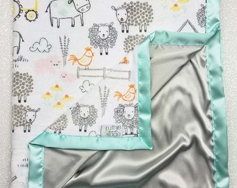 Couverture Minky, bébé garçon, animal de la ferme, gris et menthe, couverture soyeuse, couverture vache, couverture mouton, eieio, minky tracteur, couverture en satin