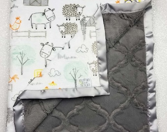 Custom Minky Blanket, personalized blanket, Minky Blanket, baby boy, Farm blanket, animal minky, sheep, cow, baby girl, grey, orange, yellow