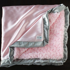Minky Blanket, pink blanket, gift for baby girl, silk blanket, minky and satin, baby blanket, baby girl, ruffle blanket, baby gift, shower image 2