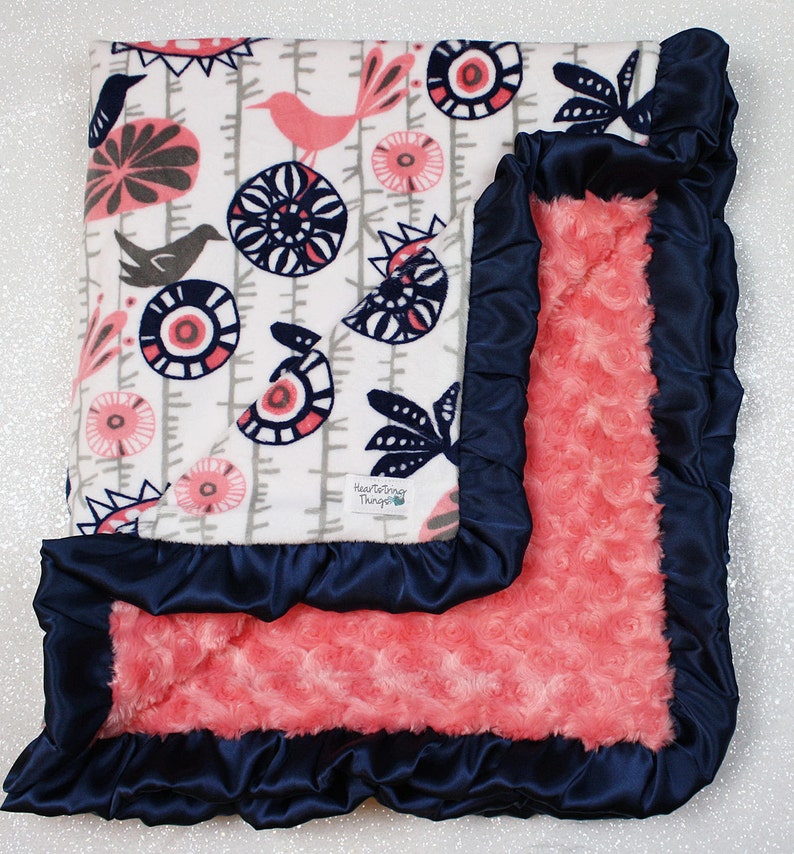 Minky Blanket Baby Girl Blanket Soft Blanket Coral and Navy Etsy