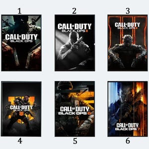 May include: A collection of six rectangular posters featuring Call of Duty Black Ops game art, numbered one through six. Each poster displays a unique soldier character, the game title, and distinct colour schemes ranging from black and white to orange and blue.