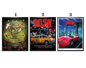 Póster de Rush en vivo en el Madison Square Garden de Nueva York 2026. Fechas: 28 de julio, 30 de agosto, 1 y 4 de agosto. Impresión artística para pared.