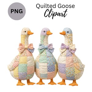 Può includere: Tre figurine di oche trapuntate con corpi patchwork in colori pastello. Ogni oca ha un papillon e becco e zampe arancioni. Il testo "Quilted Goose Clipart" è sopra le oche.