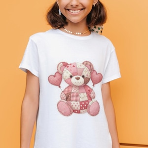Quilted Patchwork Teddy Bear Valentine Clipart, Heart Balloons (PNG Digital Design)