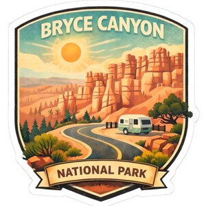 May include: A sticker featuring a scenic illustration of Bryce Canyon National Park. The design includes a winding road, a vintage camper, and the text "Bryce Canyon National Park" in a vintage style. The color palette includes shades of orange, green, and blue.