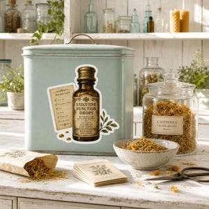 May include: A light blue metal storage tin featuring a sticker of an amber glass bottle labeled Executive Function Drops with a to-do list, alongside a glass jar of dried calendula flowers, a small bowl of herbs, and a stack of paper packets.