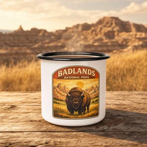 Badlands National Park Enamel Mug | Buffalo Camping Mug | Vintage Bison Coffee Cup | Retro National Park Mug | Adventure Camp Gift
