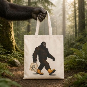 Bigfoot Tote Bag, Funny Sasquatch Canvas Tote, Cryptid Lover Gift, Bigfoot in Yellow Boots, Road Trip Market Bag, Road Trippin