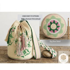 May include: A cream-colored crochet bag with green and pink floral accents and tassels. The bag has a matching strap with a chevron pattern. The text "CROCHET PATTERN PDF | Instant Download" is at the top. A detail of the bag base is shown.