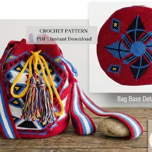 May include: A red and white crochet bag with a geometric pattern, yellow drawstrings, and colourful tassels. The bag has a matching strap with blue and white stripes. A detail image shows the bag base.