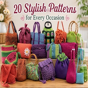 Puede incluir: Una colección de veinte bolsos de ganchillo coloridos en varios estilos, incluyendo bolsos de mano y con cordón. Los bolsos se exhiben sobre una superficie de madera, con el texto "20 Stylish Patterns for Every Occasion" en la parte superior.