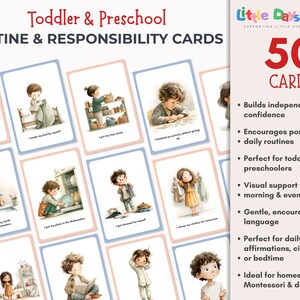May include: A set of 50 routine and responsibility cards for toddlers and preschoolers. The cards feature illustrations of children performing daily tasks. The text on the cards includes phrases like "I put my toys away" and "I made my bed by myself."