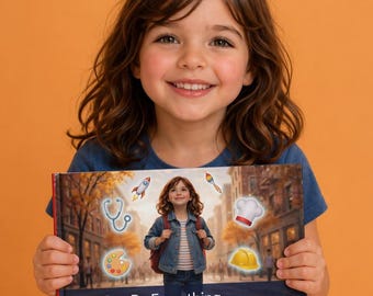 May include: A young girl smiles while holding a personalized storybook titled "Mia Can Be Everything." The book cover features an illustration of a girl in front of a city scene with icons of a rocket, stethoscope, paint palette, chef's hat, and hard hat.