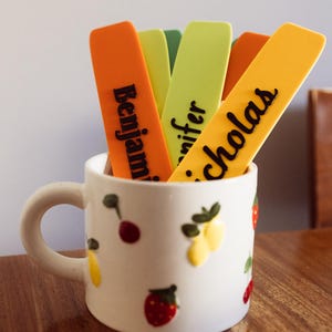 May include: A white ceramic mug with a handle, decorated with painted fruit, holds colourful name tags. The tags are orange, green, and yellow, each with a name in black script. The names include Benjamin, Jennifer, and Nicholas.