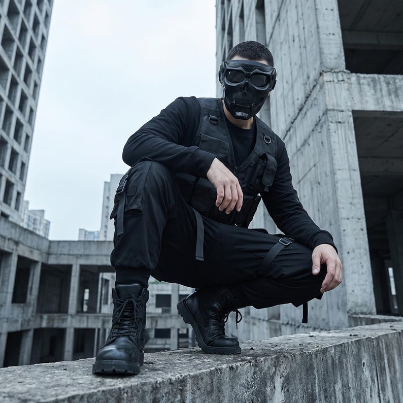 May include: A person wearing a black tactical outfit, including a vest, pants, and boots, and a black skull mask with goggles. The person is crouching on a concrete surface against a backdrop of unfinished buildings.