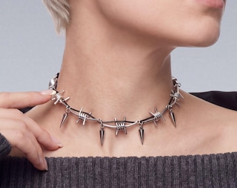 Cyberpunk Barbed Wire Spike Choker — Stainless Steel Gothic Punk Necklace, Chain Jewelry