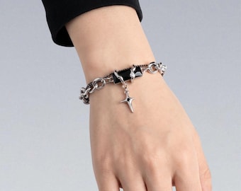 Cyberpunk Gothic Cross Crystal Bracelet — Stainless Steel Black Zircon Chain, Dark Punk Streetwear Jewelry