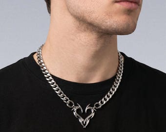 Cyberpunk Tribal Heart Cuban Chain — Stainless Steel Y2K Flame Pendant Necklace, Punk Streetwear Jewelry