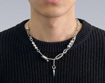 Cyberpunk Spike Coil Choker — Stainless Steel Mixed Chain Ball Bead Pendant, Gothic Punk Jewelry