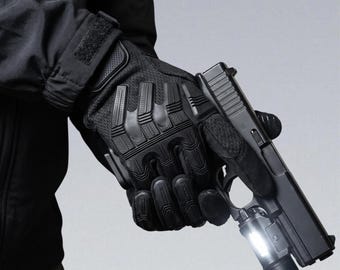 Tactical Rubber Armor Gloves — Black Touchscreen Full Finger, Cyberpunk Dark Streetwear Gear