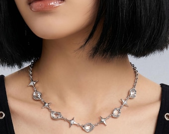 Cyberpunk Crystal Star Choker — Stainless Steel Y2K Celestial Chain Necklace, Y2K Jewelry