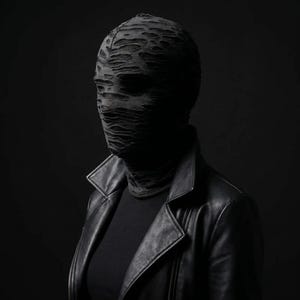May include: A person wearing a black leather jacket and a distressed fabric mask. The mask covers the entire head and face, with visible tears and openings. The jacket has a classic biker style with a notched collar and zipper closure. The background is a solid black.