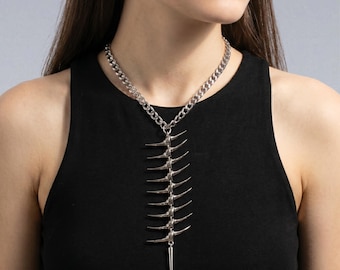 Spine Skeleton Pendant Necklace — Silver Tone Curb Chain Vertebrae Claw, Dark Gothic Punk Jewelry