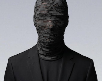 Distressed Shredded Balaclava — Breathable Black White Full Face Mask, Dark Streetwear Headwear