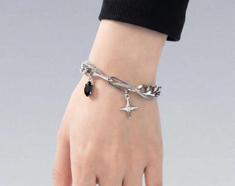 Cyberpunk Y2K Star Charm Bracelet — Stainless Steel Black Crystal Multi Chain, Streetwear Jewelry