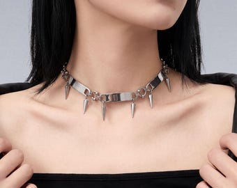 Cyberpunk Spiked Bar Choker — Stainless Steel Chain Necklace, Gothic Statement Jewelry