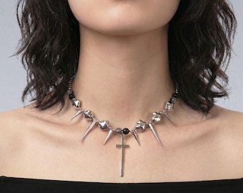 Cyberpunk Spike Cross Choker — Stainless Steel Gothic Crushed Silver Bead Necklace, Dark Punk Jewelry