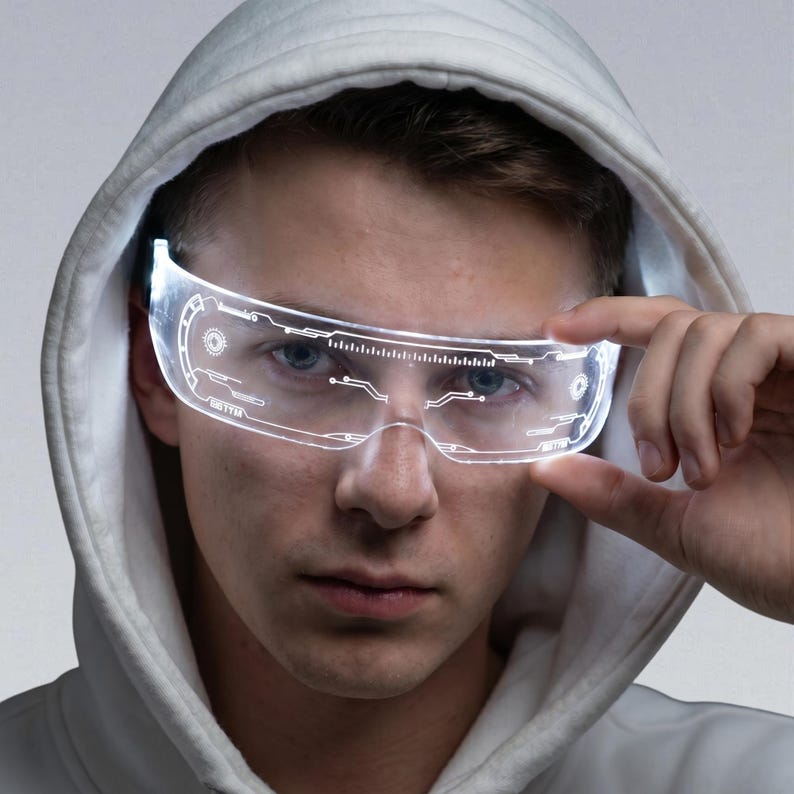 May include: Clear LED glasses with a futuristic design, emitting a white glow. The glasses have circuit-like patterns and are worn by a person in a white hooded top. The glasses have a digital display.