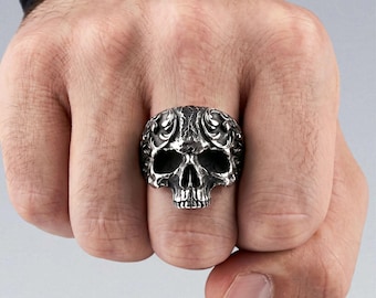 Gothic Baroque Ornate Skull Ring — 316L Stainless Steel Filigree Scroll Skeleton Band Punk Jewelry