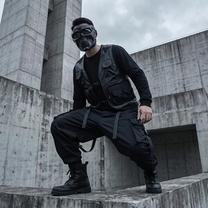 May include: A person wearing a black skull mask, black vest with pockets, black long-sleeve shirt, and black cargo pants with straps. The person is wearing black boots and is posed in front of a concrete structure.