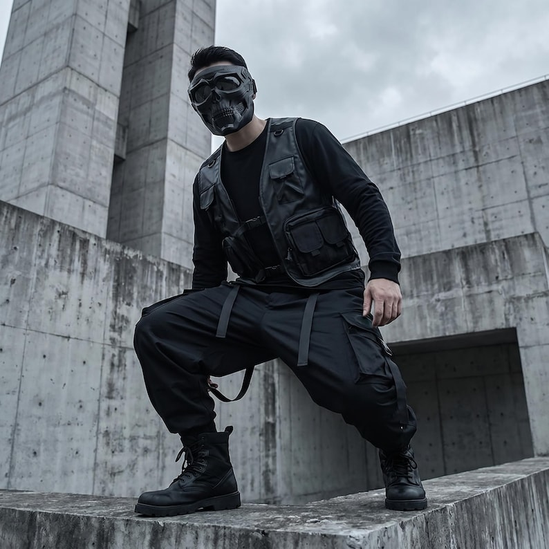 May include: A person wearing a black skull mask, black vest with pockets, black long-sleeve shirt, and black cargo pants with straps. The person is wearing black boots and is posed in front of a concrete structure.