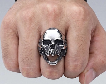 Gothic Decay Skull Ring — 316L Stainless Steel Open Jaw Skeleton Band Dark Punk Jewelry