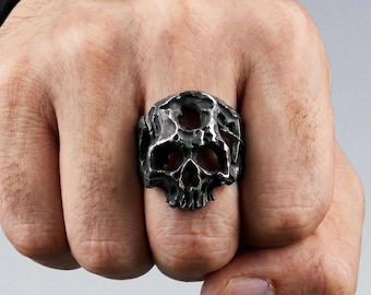 Hollow Skull Cross Ring — 316L Stainless Steel Openwork Skeleton Band Dark Gothic Punk Jewelry