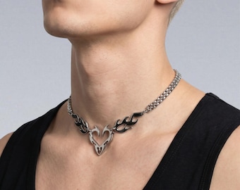 Cyberpunk Flame Heart Choker — Stainless Steel Y2K Tribal Fire Necklace, Gothic Punk Statement Jewelry