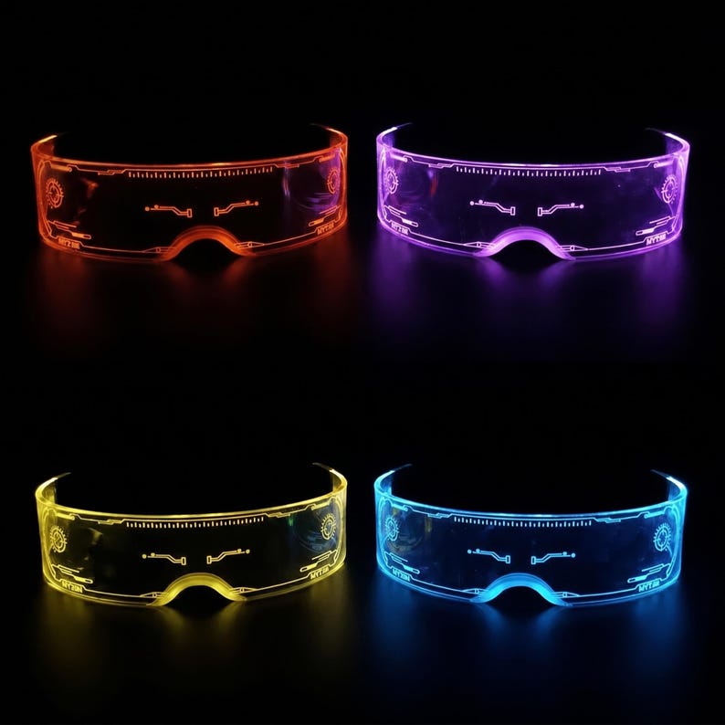 May include: Four pairs of LED light-up glasses in orange, purple, yellow, and blue. The glasses have a futuristic design with circuit-like patterns and a curved shape. The background is black, highlighting the glowing colours of the glasses.
