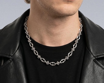 Cyberpunk Twisted Knot Chain Necklace — Stainless Steel Barbed Wire Gothic Punk Dark Streetwear Jewelry