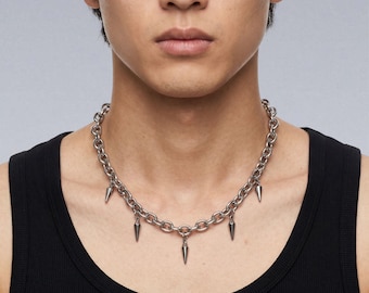 Cyberpunk Spike Chain Necklace — Stainless Steel Gothic Chunky Link Pendant, Dark Punk Streetwear Jewelry
