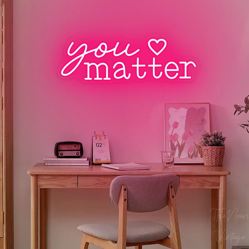 Neonskylt med "You Matter", dekor för mental hälsa, dekor för wellnessutrymme, dekor för terapikontor, väggkonst med psykologi, present till läraren, positiv pink