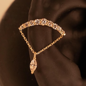 14K Solid Gold Marquise CZ Chain Cartilage Earring, Dainty Conch Piercing
