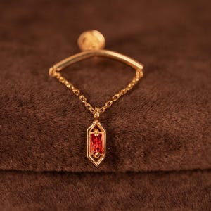14K Solid Gold Red Baguette Hidden Helix Piercing, Dainty Chain Cartilage Earring