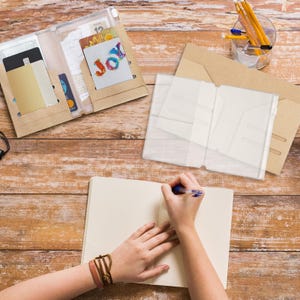 以下が含まれることがあります： 木製の机に、ノートに書き込んでいる人がいます。茶色の紙のドキュメントホルダーがいくつか、透明なプラスチックのドキュメントホルダー、鉛筆が入った透明なグラスがあります。「Joy」という文字が入ったカードが1つあります。