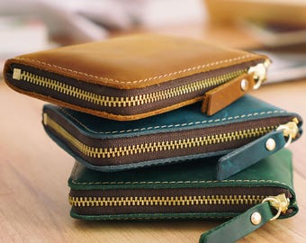 Portafoglio con cerniera in pelle fatto a mano, porta carte minimalista